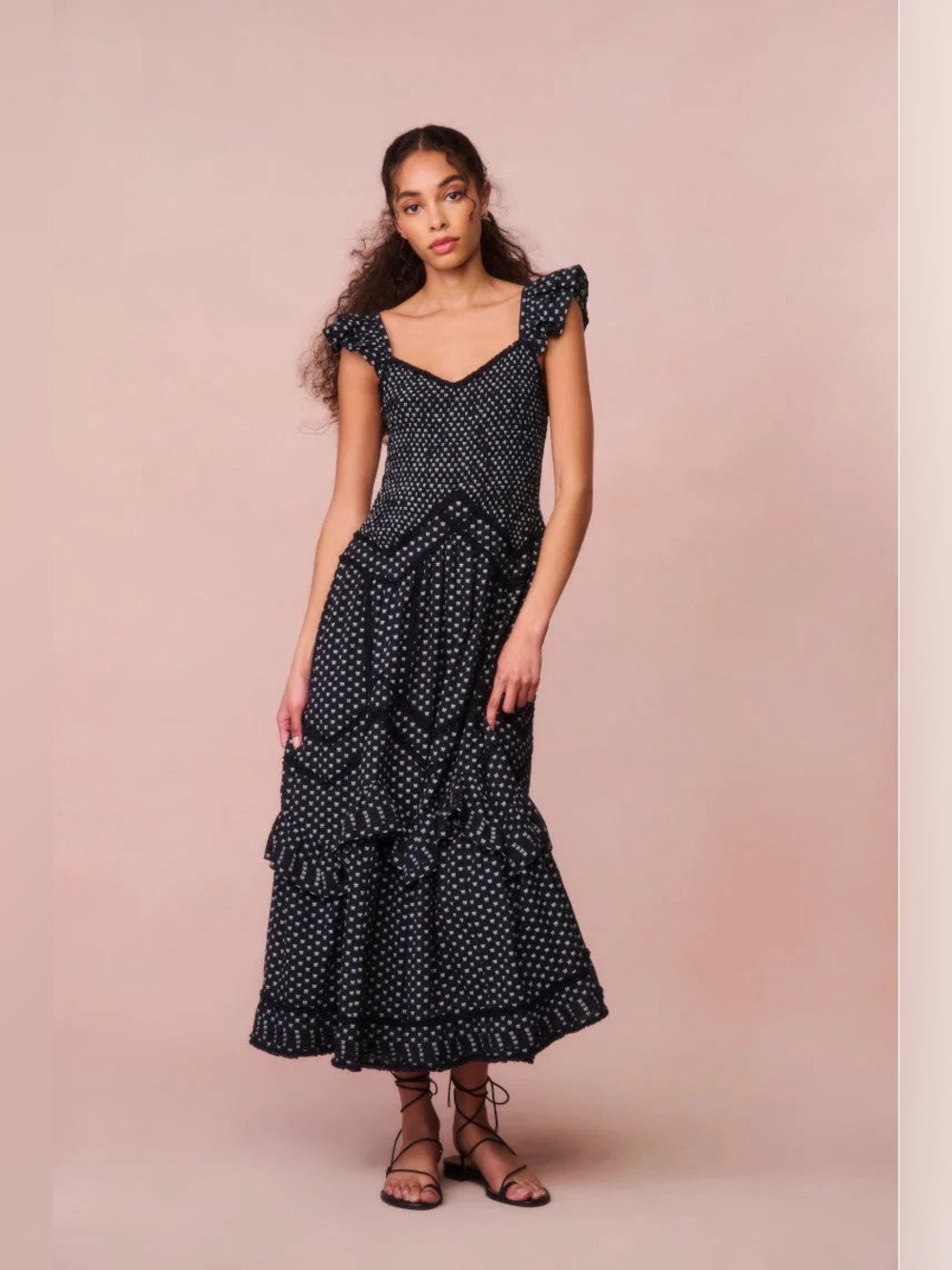 LoveShackFancy Brin Midnight Bow Midi Ruffle Dress in Size XXS